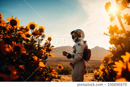 An astronaut botanist analyzes sunflower-like plants encountered on an alien planet. A beautiful sunny day. Illustration Concept art 100890870