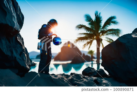 An astronaut stands on the surface of an alien planet and studies a mysterious celestial sphere that levitates above the earth on a beautiful sunny day. Illustration Concept art.  100890871
