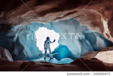 An astronaut stands at the entrance of a cave with a measuring device to explore it. An expedition on an alien uninhabited planet. Illustration Concept art. 100890875