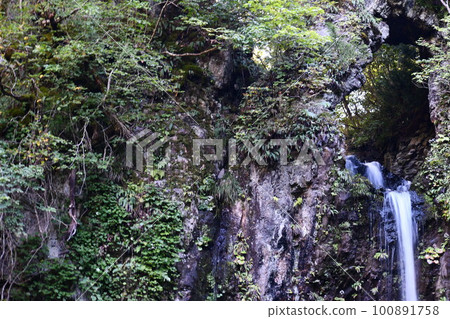 Kuguri Waterfall flowing from the side covered with moss and trees Kuguri Waterfall flowing from the side covered with moss and trees 100891758