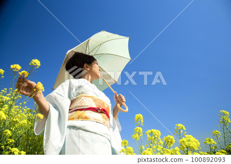 Japanese woman in a beautiful yellow flowers field Japanese woman in a beautiful yellow flowers field 100892093