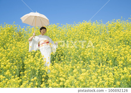 Japanese woman in a beautiful yellow flowers field Japanese woman in a beautiful yellow flowers field 100892126