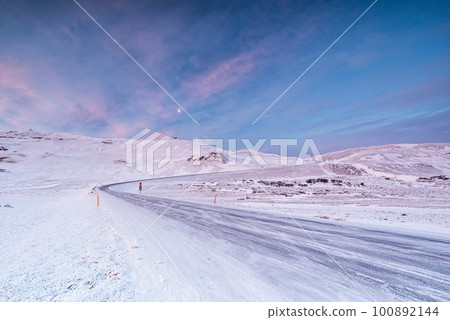 Hverir iced road in winter and moon, Iceland Hverir iced road in winter and moon, Iceland 100892144