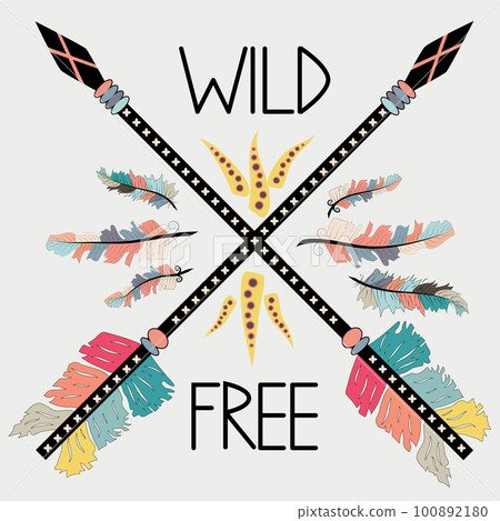 Beautiful hand drawn illustration with crossed ethnic arrows, feathers . Boho and hippie style. American indian motifs. Wild and Free poster. Beautiful hand drawn illustration with crossed ethnic arrows, feathers . Boho and hippie style. American indian motifs. Wild and Free poster. 100892180