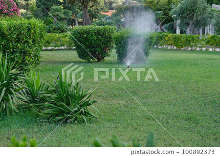 Automatic watering of green grass in a city park. Summer sunny day. Automatic watering of green grass in a city park. Summer sunny day. 100892373