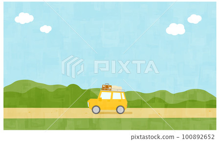 一輛滿載行李旅行的汽車和春天的風景背景 一輛滿載行李旅行的汽車和春天的風景背景 100892652