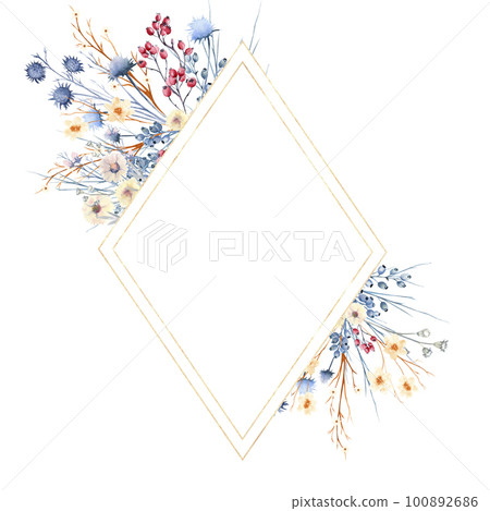 Frame with forest twigs, flowers and berries. watercolor illustration Frame with forest twigs, flowers and berries. watercolor illustration 100892686