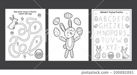 Easter Worksheets set with cute bunnies. Black and white spring activity pages collection for kids Easter Worksheets set with cute bunnies. Black and white spring activity pages collection for kids 100892891