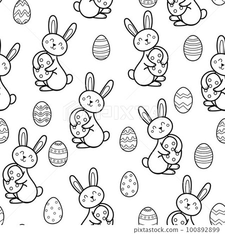 Cute Easter rabbit with egg black and white seamless pattern 100892899