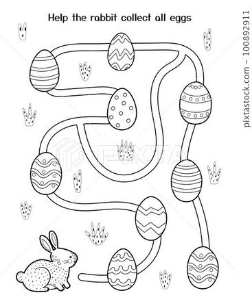 Help little rabbit to collect all eggs. Easter maze game for kids. Black and white spring activity page 100892911
