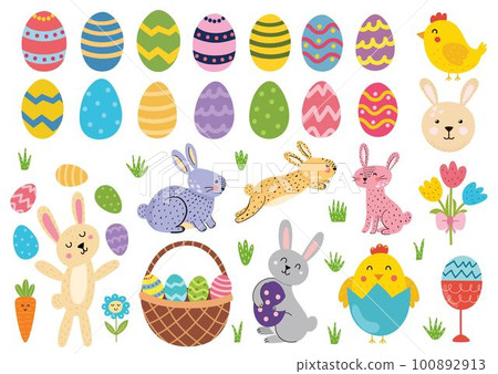 Cute Easter elements collection. Ester bunny, chicks, egg, basket and tulips 100892913