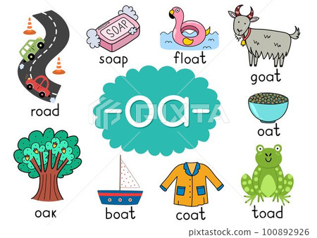 Oa digraph with words educational poster for kids. Learning phonics for school and preschool Oa digraph with words educational poster for kids. Learning phonics for school and preschool 100892926