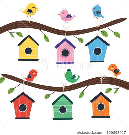 Birdhouse tree with cute birds. Nesting box set in cartoon style 100892927