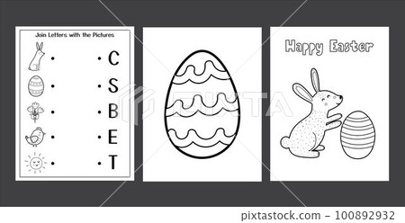 Easter Worksheets set with cute bunny. Black and white spring activity pages collection Easter Worksheets set with cute bunny. Black and white spring activity pages collection 100892932