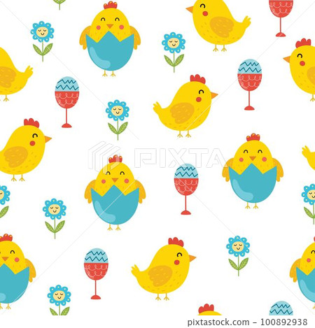 Easter seamless pattern with cute chicks. Spring chick in eggshell background Easter seamless pattern with cute chicks. Spring chick in eggshell background 100892938