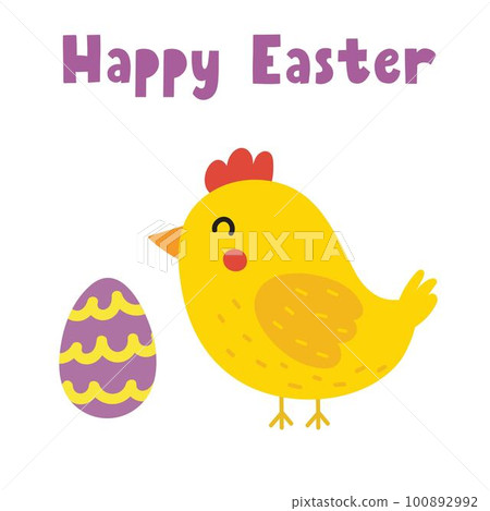 Happy Easter greeting card with a cute chick and egg. Springtime cute chicken print Happy Easter greeting card with a cute chick and egg. Springtime cute chicken print 100892992