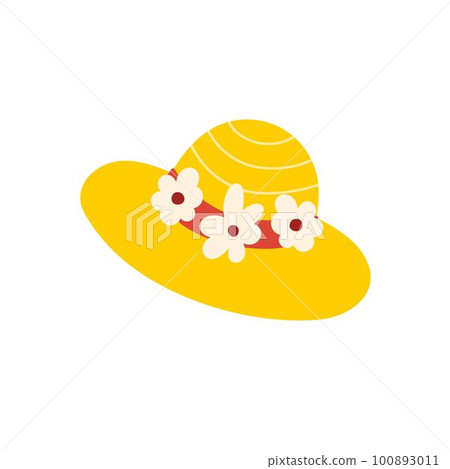 Cute yellow hat. Hand drawn hat with flowers in cartoon style Cute yellow hat. Hand drawn hat with flowers in cartoon style 100893011