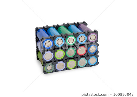 Reused Li ion 18650 battery pack in holder on white. Reused Li ion 18650 battery pack in holder on white. 100893042