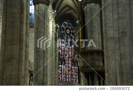 Interior of Milan Cathedral located in Piazza Duomo in Milan. The Duomo is the largest Gothic building in the world Interior of Milan Cathedral located in Piazza Duomo in Milan. The Duomo is the largest Gothic building in the world 100893072