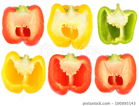 Sliced multicolored sweet pepper isolated on white Sliced multicolored sweet pepper isolated on white 100893143