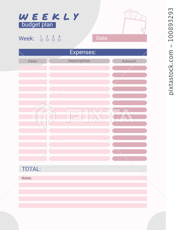 Weekly personal monthly budget planner, vector illustration 100893293