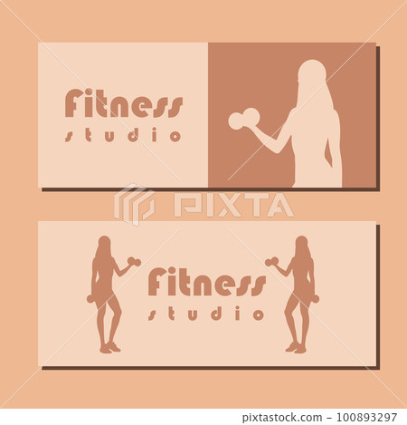 Fitness studio school flyer with silhouette of women in sportswear standing and doing a workout with dumbbells on brown background. Vector illustration 100893297