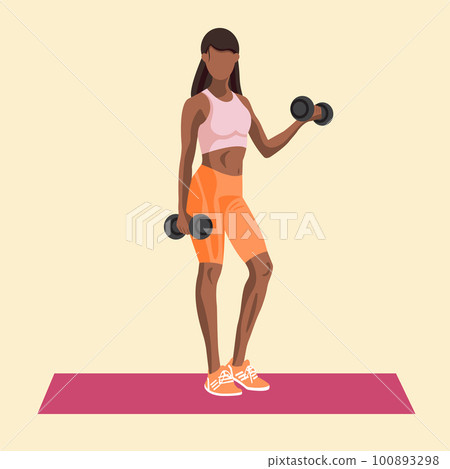 Faceless fitness African American woman in sportswear standing on a fitness mat and doing a workout with the dumbbells. Workout and sports training concept. Vector illustration 100893298