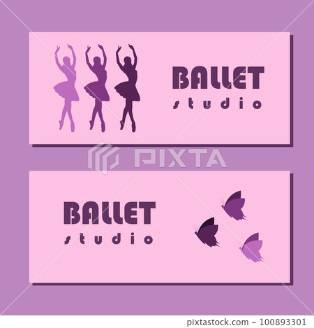 Theatre ticket design. Ballet school flyer template. Ballerina silhouette in the tutu and pointe shoe with butterfly. Pink and purple card design. Vector illustration 100893301