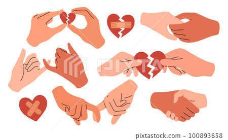 Reconciliation concept set. Cupid couple reconciles, broken heart. Restore love. Red broken heart in hands men and women Reconciliation concept set. Cupid couple reconciles, broken heart. Restore love. Red broken heart in hands men and women 100893858