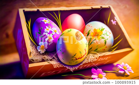 Three easter eggs in box with flowers. Generative AI 100893915