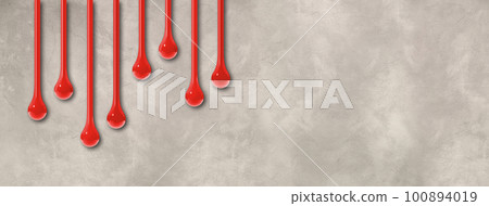 Red ink drops on light concrete wall. Horizontal banner Red ink drops on light concrete wall. Horizontal banner 100894019