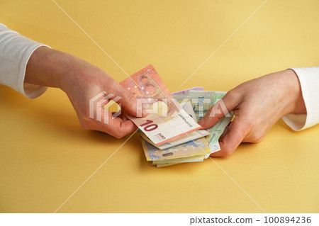 Euro Money. Female hands holding euro banknotes. Euro Money. Female hands holding euro banknotes. 100894236