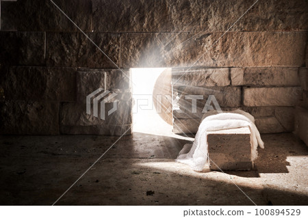 Empty tomb while light shines from the outside. Jesus Christ Resurrection. Christian Easter concept. Empty tomb while light shines from the outside. Jesus Christ Resurrection. Christian Easter concept. 100894529