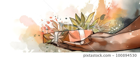 Woman hands receiving gift and flowers bouquet Woman hands receiving gift and flowers bouquet 100894530