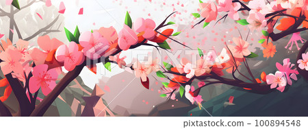 Pink flowers spring blooming Japanese sakura tree 100894548