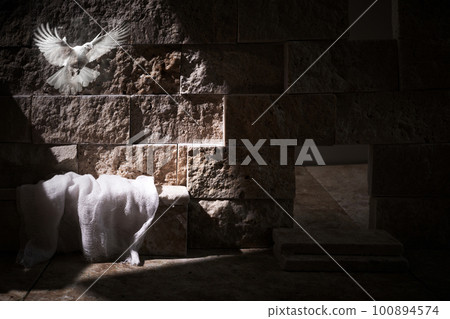 Jesus Christ crucifixion death and resurrection and easter dove flying in a stone tomb Jesus Christ crucifixion death and resurrection and easter dove flying in a stone tomb 100894574