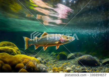 Rainbow trout swims in the water column in a mountain river. Wild fish fishing concept. Generative AI illustration Rainbow trout swims in the water column in a mountain river. Wild fish fishing concept. Generative AI illustration 100894657