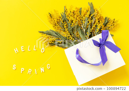 Flowers mimosa up gift paper bag and the inscription hello spring on yellow background. Spring concept, flowers composition. Greeting card. View from above. Copy space. 100894722