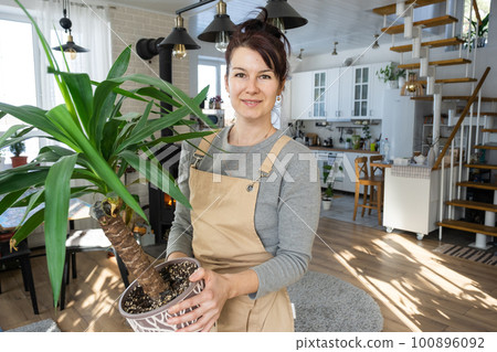 A happy woman in a green house with a potted plant in her hands smiles, takes care of a flower. The interior of a cozy eco-friendly house, a fireplace stove, a hobby for growing and breeding homeplant 100896092