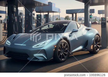 Cool futuristic and rare electric car at commercial charging charging station. Pure AI generated 100896126