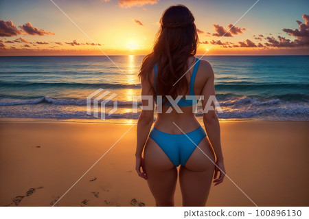 Young attractive woman in a bikini sitting on a lounge chair with a cocktail drink in front of a beautiful sunset. Pure AI generated without any reference, this is not real person. 100896130
