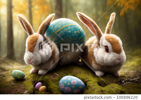 Two tiny cute fluffy creatures that look like strange-looking Easter bunnies if they were crossed with Easter eggs. AI generated Two tiny cute fluffy creatures that look like strange-looking Easter bunnies if they were crossed with Easter eggs. AI generated 100896220