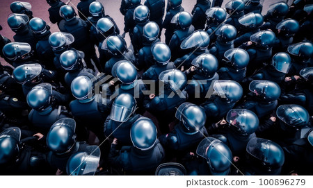 Large group of police officers standing in circle. Generative AI 100896279
