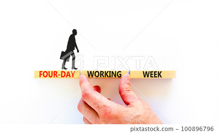 Four-day working week symbol. Concept words Four-day working week on wooden block on a beautiful white table white background. Businessman hand. Business four-day working week concept. Copy space. 100896796
