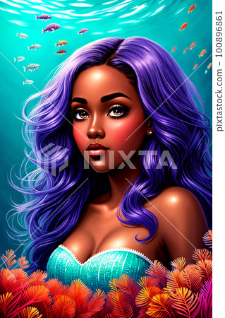 Young cute mermaid, cartoon character. Underwater scene. Humor caricature illiustration. AI generated illustration 100896861