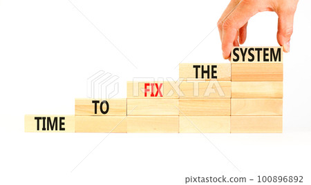 Time to fix the system symbol. Concept words Time to fix the system on wooden block. Beautiful white table white background. Businessman hand. Business and time to fix the system concept. Copy space. 100896892