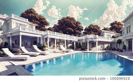 Large white house with luxury swimming pool in front of it. Modernism and constructivism in architecture. AI generated illustration 100896928