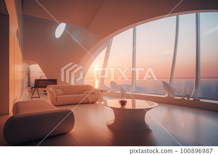 A architectural view to comfortable futiristic living room. AI generative image 100896987