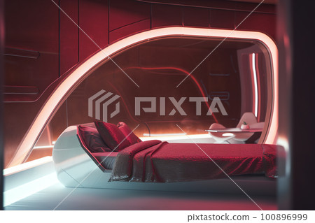 A architectural view to comfortable futiristic bedroom. AI generative image 100896999