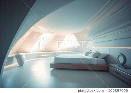 A architectural view to comfortable futiristic bedroom. AI generative image 100897006